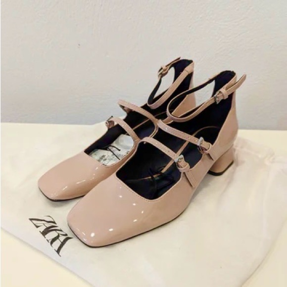 Zara NWT Beige tan multi strap square toe patent Mary Jane block heels - Picture 4 of 9